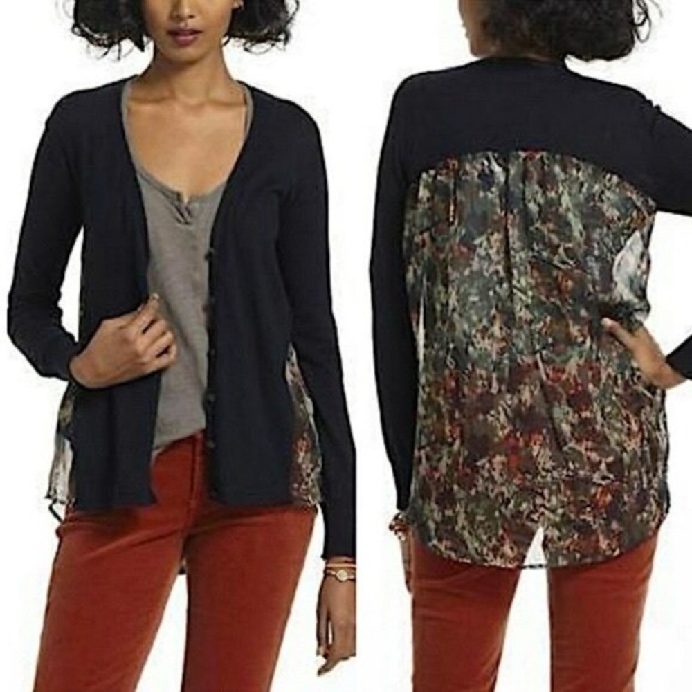 Anthropologie Navy Blue Silk-Spliced Cardigan by Small Medium